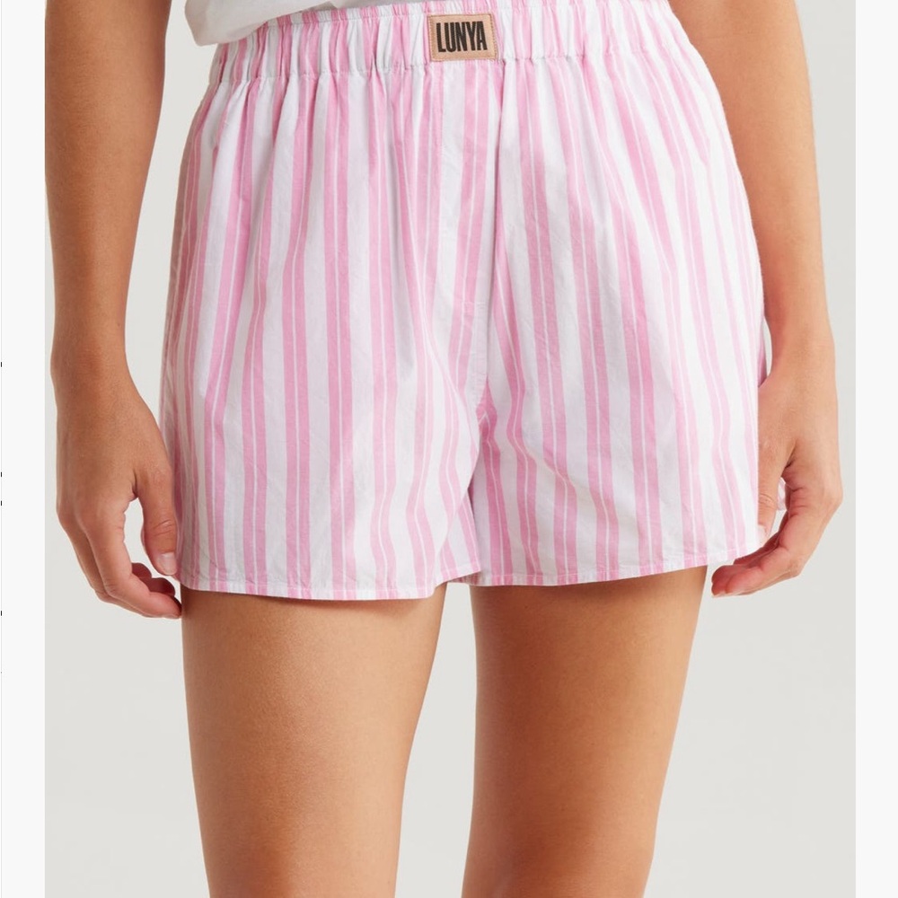lunya Azalea Stripe Cotton Lounge Shorts - Pink & White